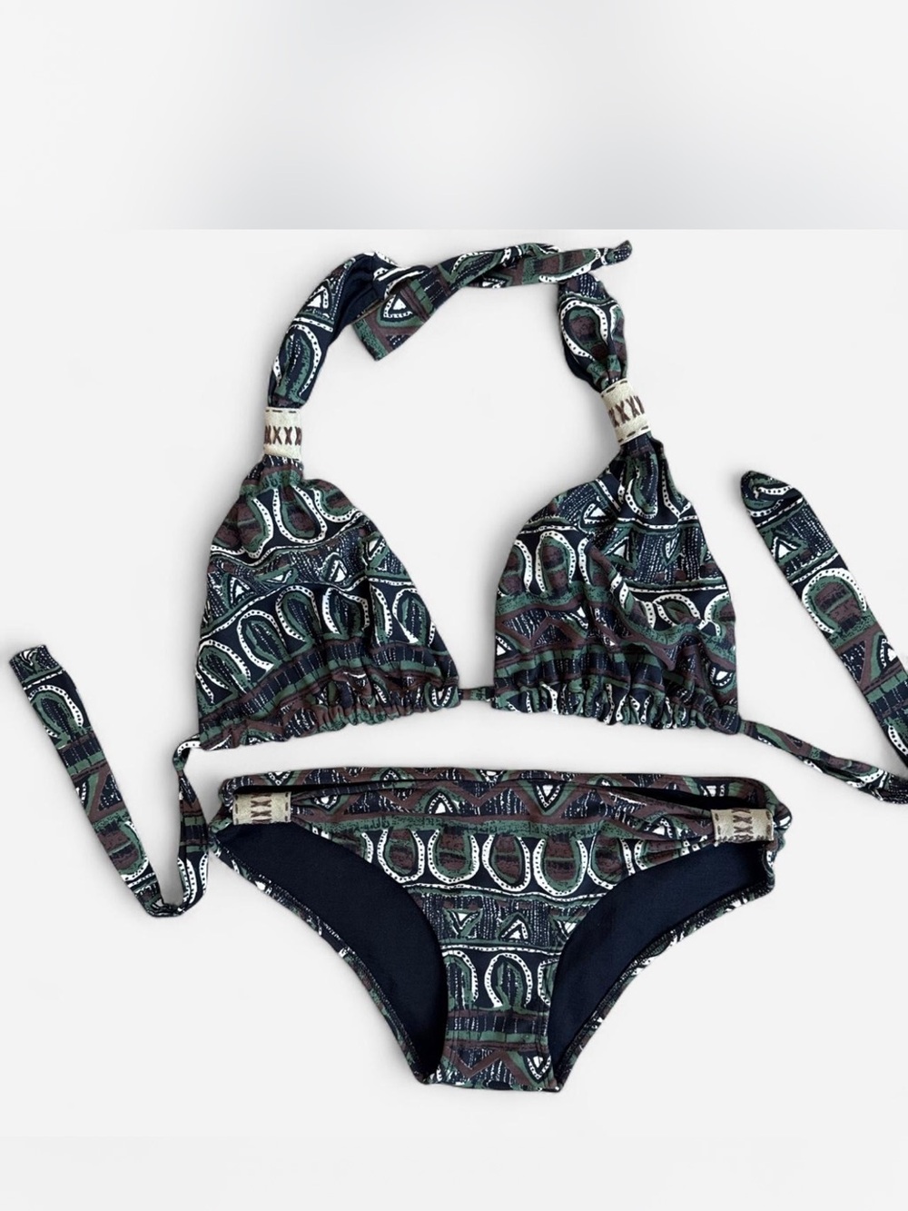 Anika Brazil Tribal Print Bikini Set Small 32-36B-DD Top 4-6 Bottom Suede Detail